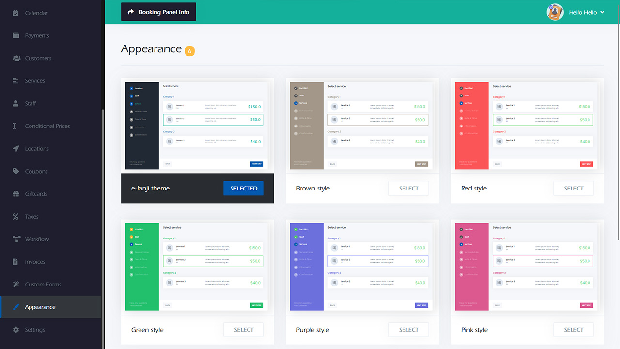 Booking form appearance
