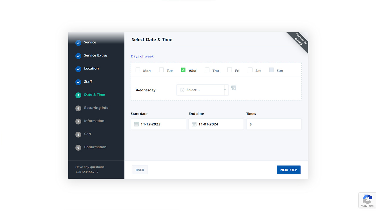 Recurring booking weekly